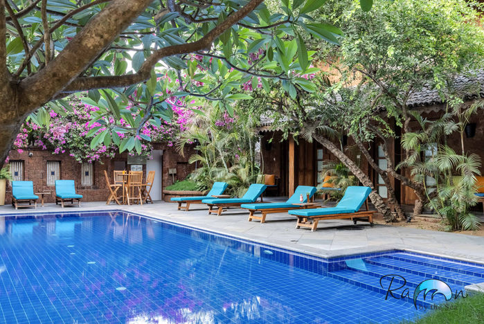 Poolside beds near overhanging foliage
