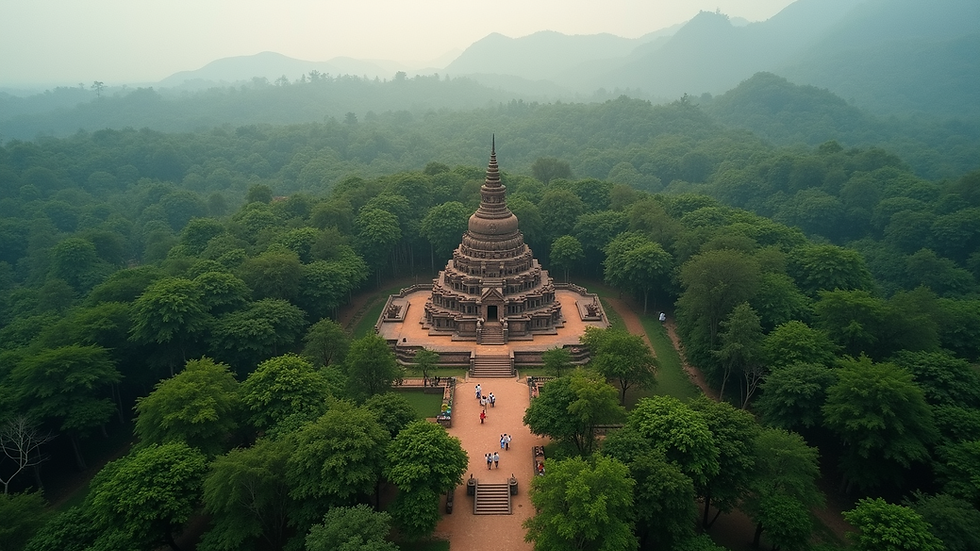 High angle view of the ancient Tambdi Surla Temple surrounded by lush forest