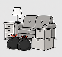 Neatly arranged furniture, boxes, and trash bags prepared for junk removal pickup near the driveway in Columbus Ohio