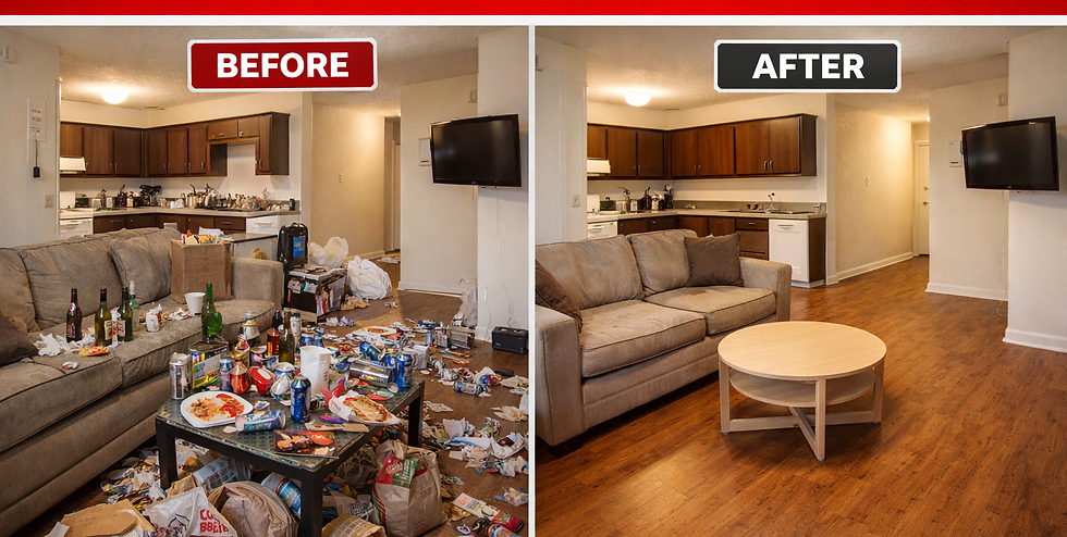 Apartment cleanout before and after showing trash, bottles, and fast food waste removal in Columbus Ohio by 2 Women With A Pickup Truck And Trailer Too LLC