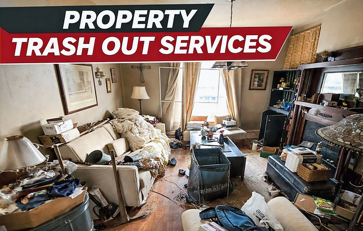 Property trash out service in Columbus Ohio showing cluttered living room before cleanout by junk removal team