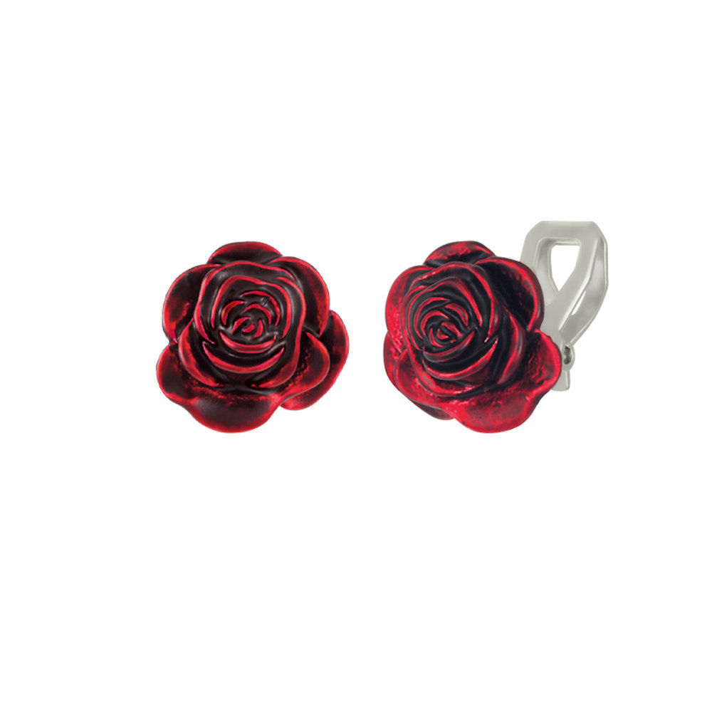 Red Red Rose Enamel Silver Tone Flower Stud Clip On Earrings
