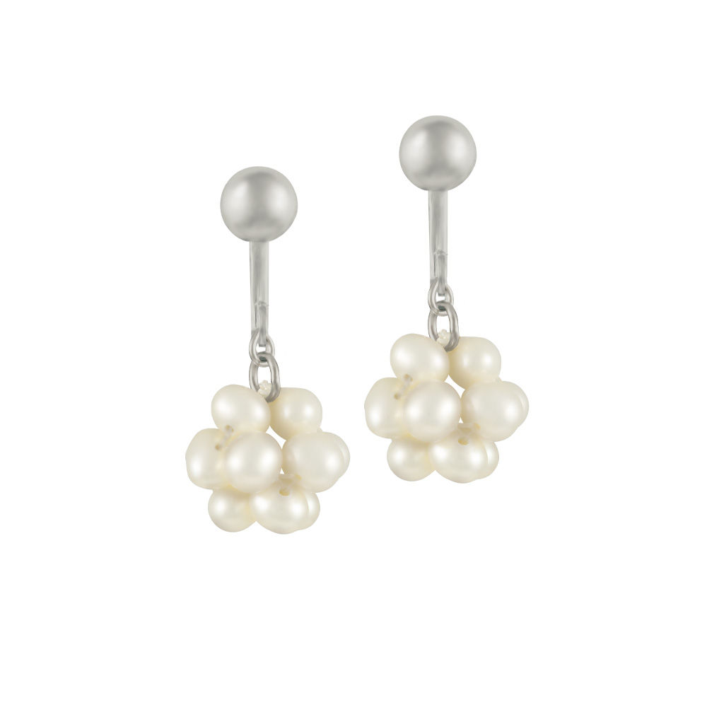 Cluster White Freshwater Pearl Silver Tone Drop Clip On Earrings