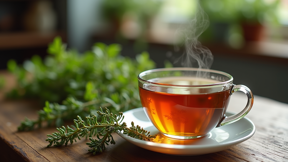 Eye-level view of a cup of herbal tea with fresh herbs on a rustic table