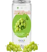 DPMfresh grape flavoured sparkling drink in a silver can with fresh green grapes.
