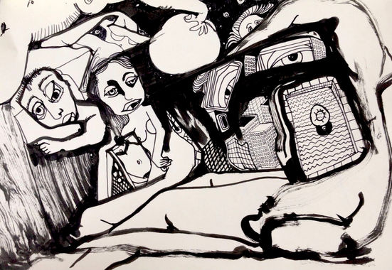 black and white abstract drawing with figures and faces and a pool 