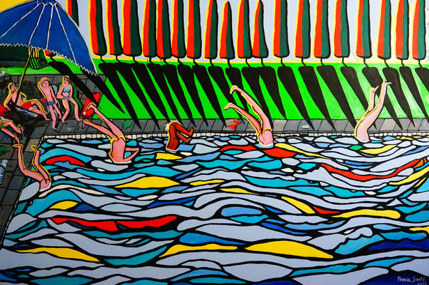 Expressioinistic painting of a bunch of people jumping into the pool