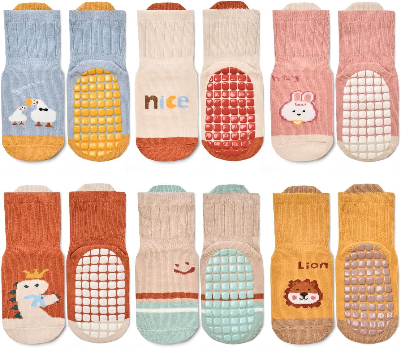 6 Pairs Toddlers Non Slip Socks with Grippers Baby Girls Boys Anti Skid Crew Co