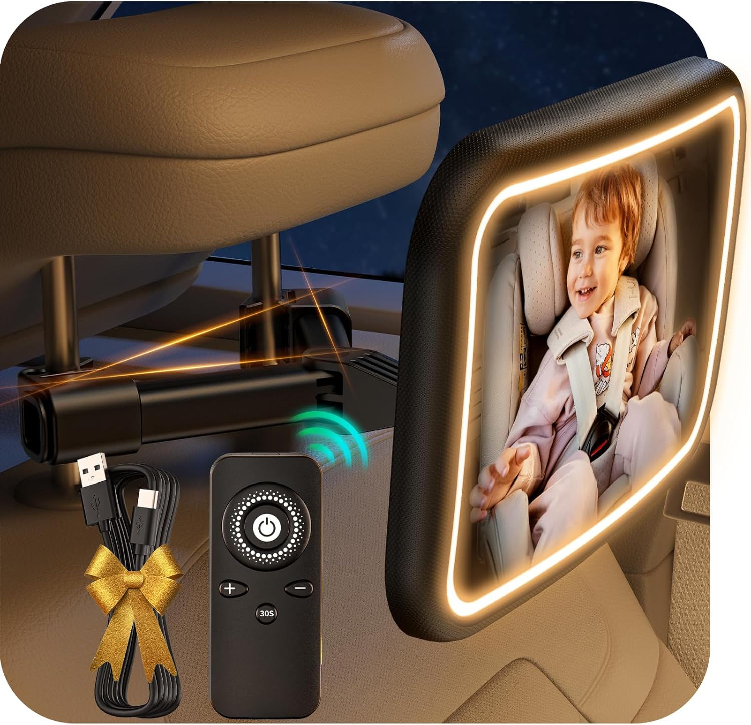 Baby Car Mirror With Light for Baby Rechargeable 2000mA Baby Mirror for Car Sea