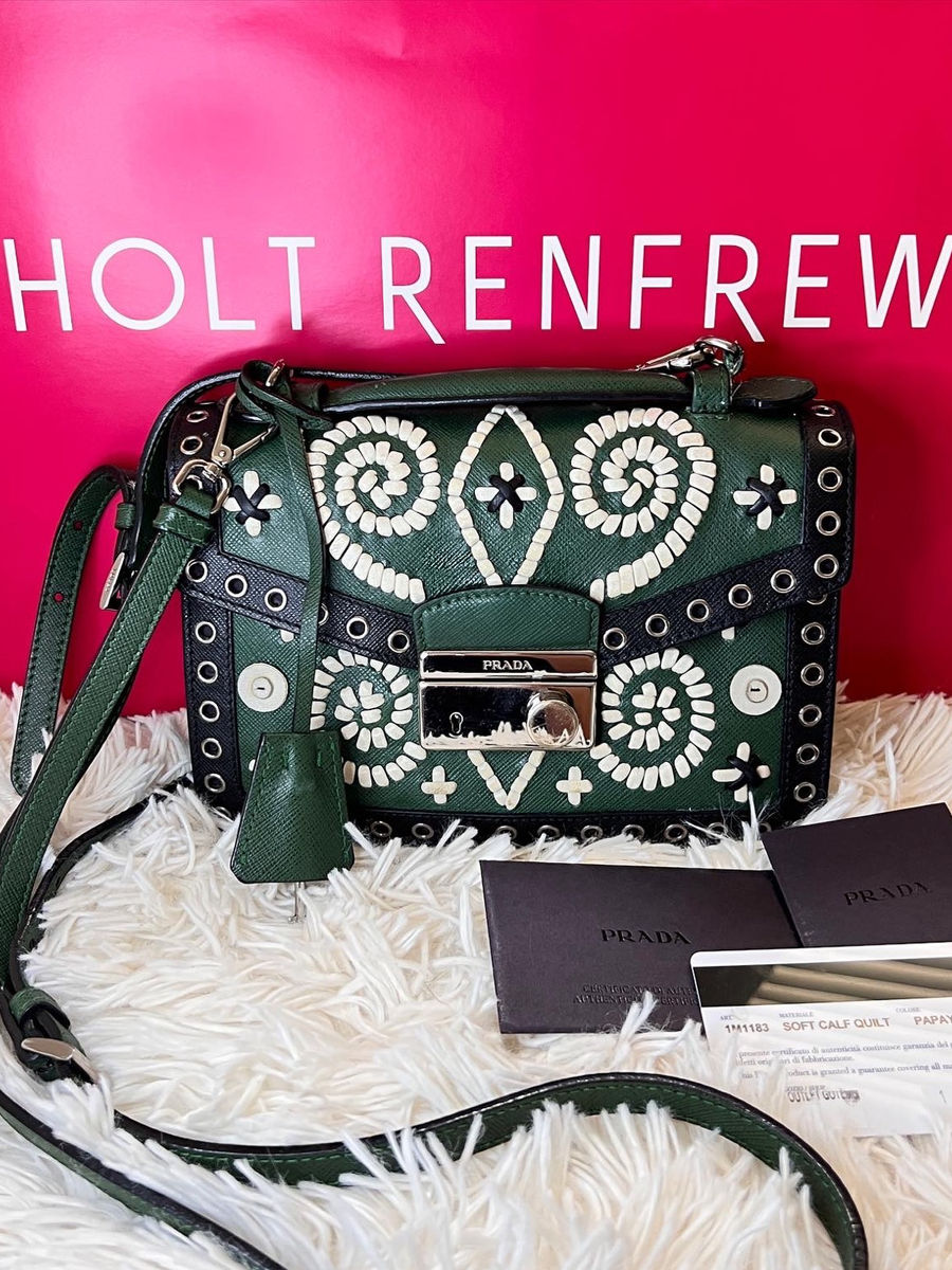Authentic PRADA Embroidered Saffiano Sound Bag in Green, white and black