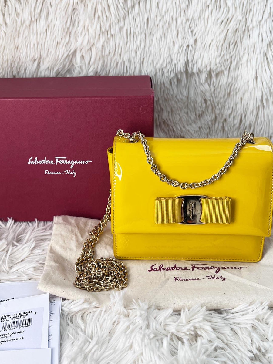 Authentic Salvatore Ferragamo Mini Ginny Saffiano Mustard Yellow Patent Leather