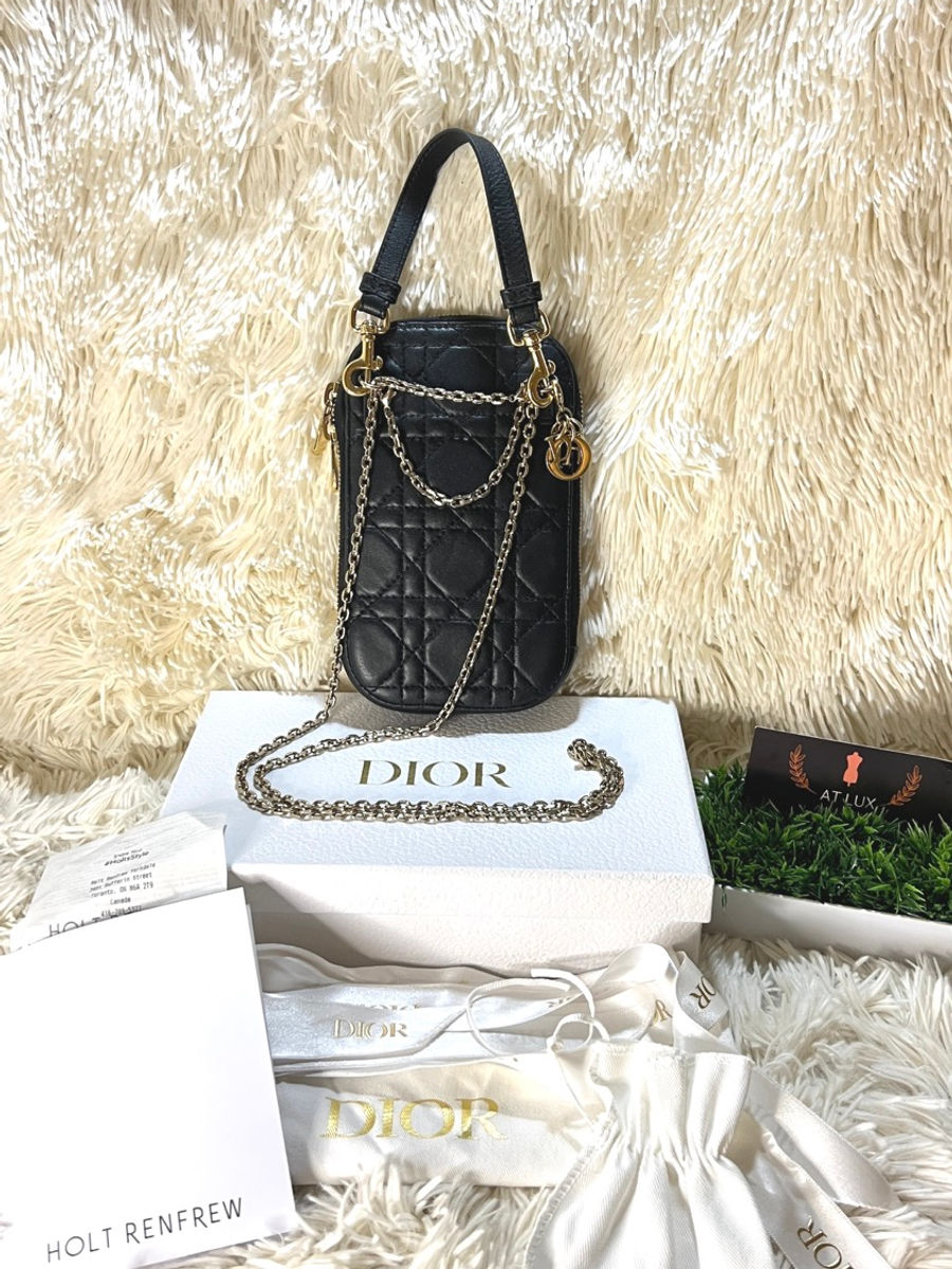 Authentic CHRISTIAN DIOR LADY DIOR PHONE HOLDER in Black Cannage Lambskin.