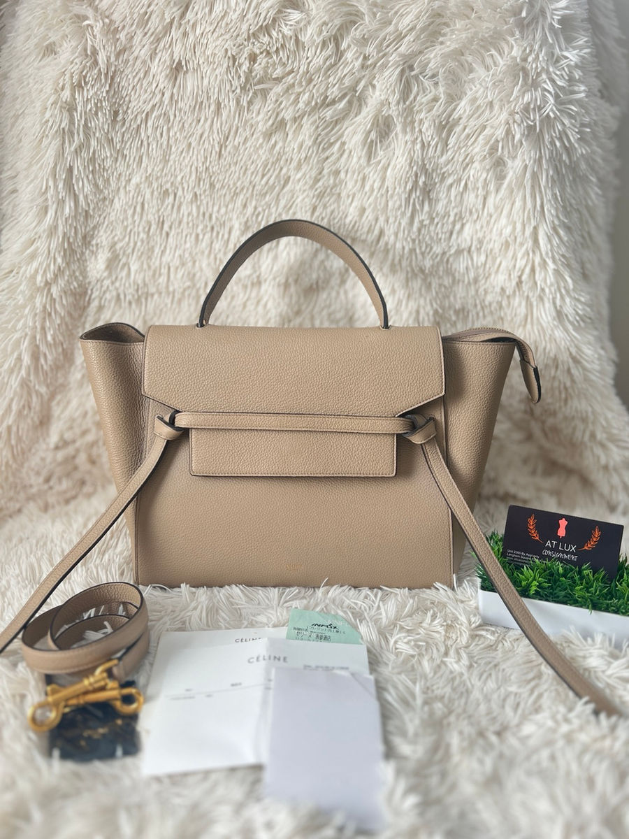 Authentic CELINE MINI BELT BAG IN GRAINED CALFSKIN in Light Taupe