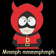 Kenny from South Park wearing a devil costume with text mmmph mmmmphmph