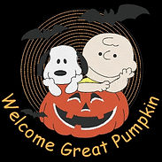 Charlie Brown and Snoopy with a pumpkin including text "Welcome Great Pumpkin"