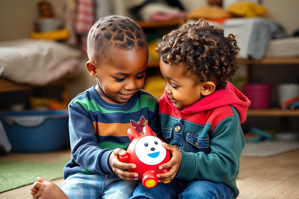 Two little kings share a toy