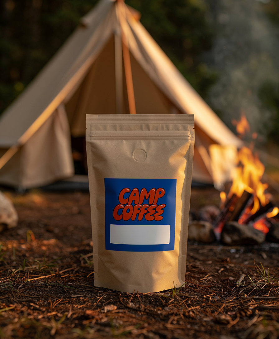 Camp Coffee single batch bag with tent and campfire