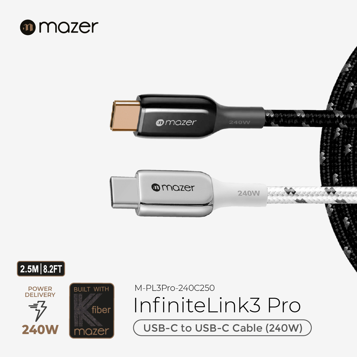 mazer braided usb c cable 240w สายชาร์จ type c ความยาว 2.5 เมตร ใช้กับ macbook gaming laptop