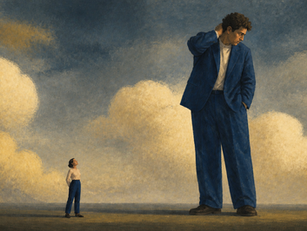 A confident small woman looks up at an embarrassed giant man, illustrating how a focused marketing team can create an outsized advantage.