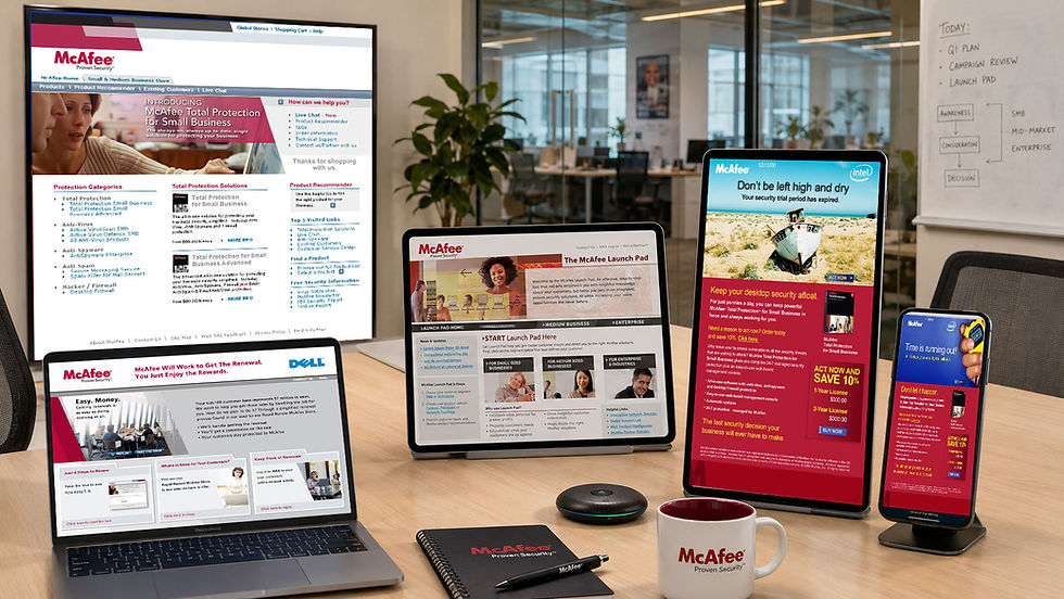 Office desk with laptop, tablets and phones displaying McAfee security ads, a coffee mug and notebook, in a glass-walled meeting room.