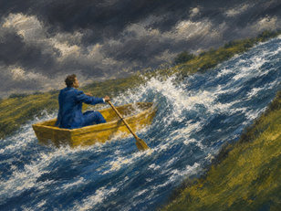 Businessman in a yellow rowboat struggles upstream as waves crash against the bow beneath dark clouds, illustrating activity without forward progress.