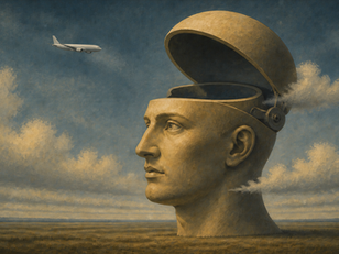 A passenger jet descends toward the open hinged top of a giant head, symbolizing the expansive power of a strong brand name.