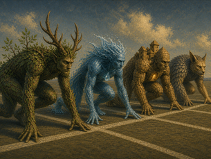 Four mythical racers representing forests, water, affordable housing and animal welfare prepare at a starting line, illustrating purpose as competitive advantage.