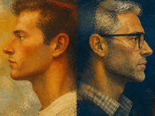 A richly textured painterly illustration of two male profiles facing opposite directions from a shared form; one wears glasses, against a blue-and-yellow background with faint planning marks.