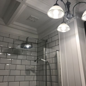 Coffered ceiling, metro tiles, Victorian fan grill, panelling, handmade column