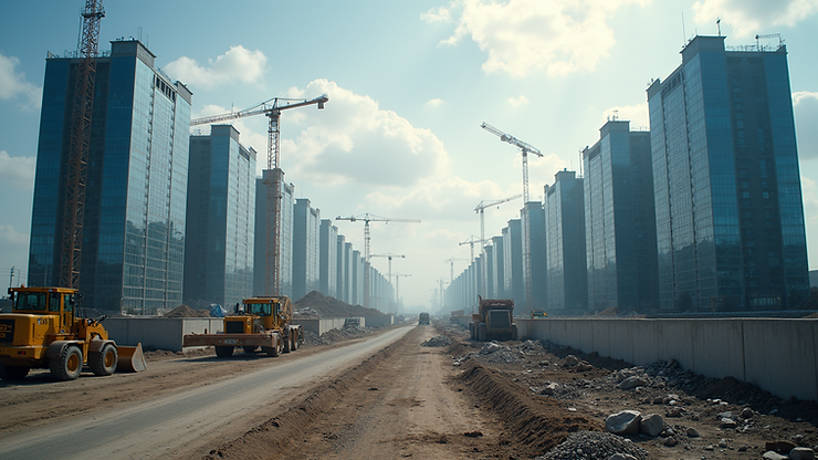 Wide angle view of a construction site with digital overlay
