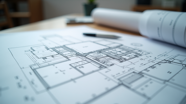 Eye-level view of a building plan printed on blueprints