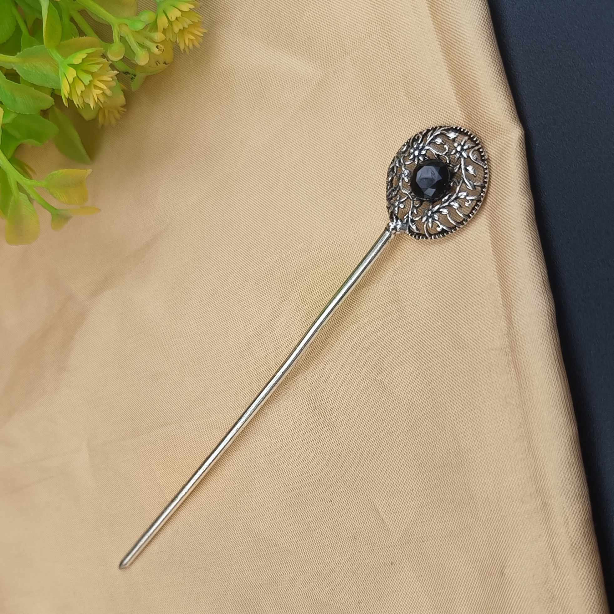 Oxidised silver filigree hairpin with cabochon stone centre, antique finish ethnic hair accessory for bun and updo