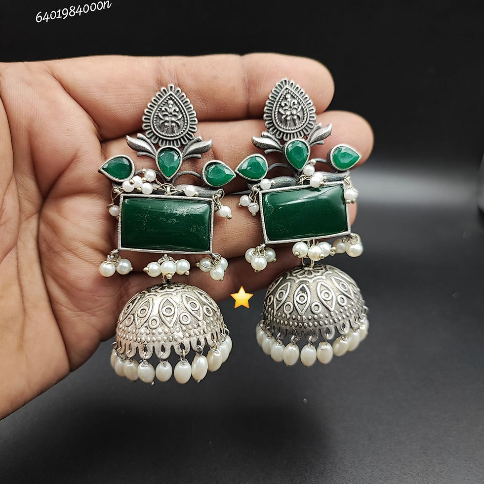 Thumbnail: Lightweight Oxidised Silver Jhumka Earrings - Monalisa Stone & Pearl Chandbali for Weddings, Festivals & Ethnic Wear (9 Color