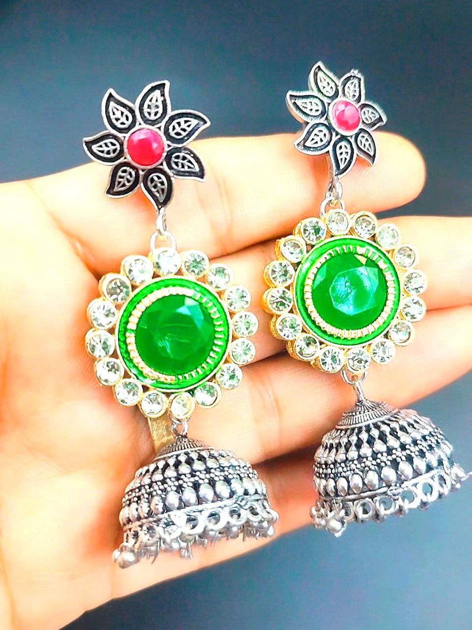Thumbnail: Oxidized Earrings With Kundan Work