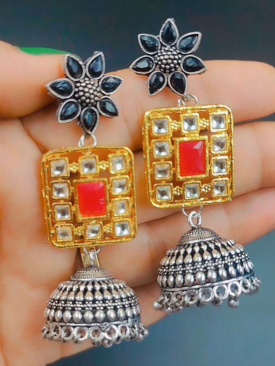 Thumbnail: Oxidised Silver and Gold Kundan work Jhumka, Gold and Silver Jhumka Earrings for
