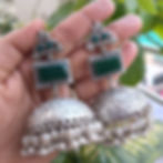Silver replica brass jhumka earrings in multicolor - green, black, pink, yellow for women and girls