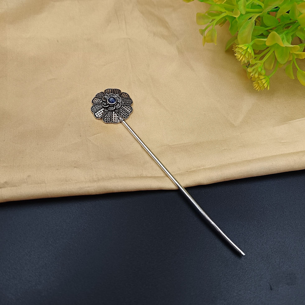 Oxidised Floral Stone Hair Pin – Antique Ethnic Juda Stick for Bun Hairstyles