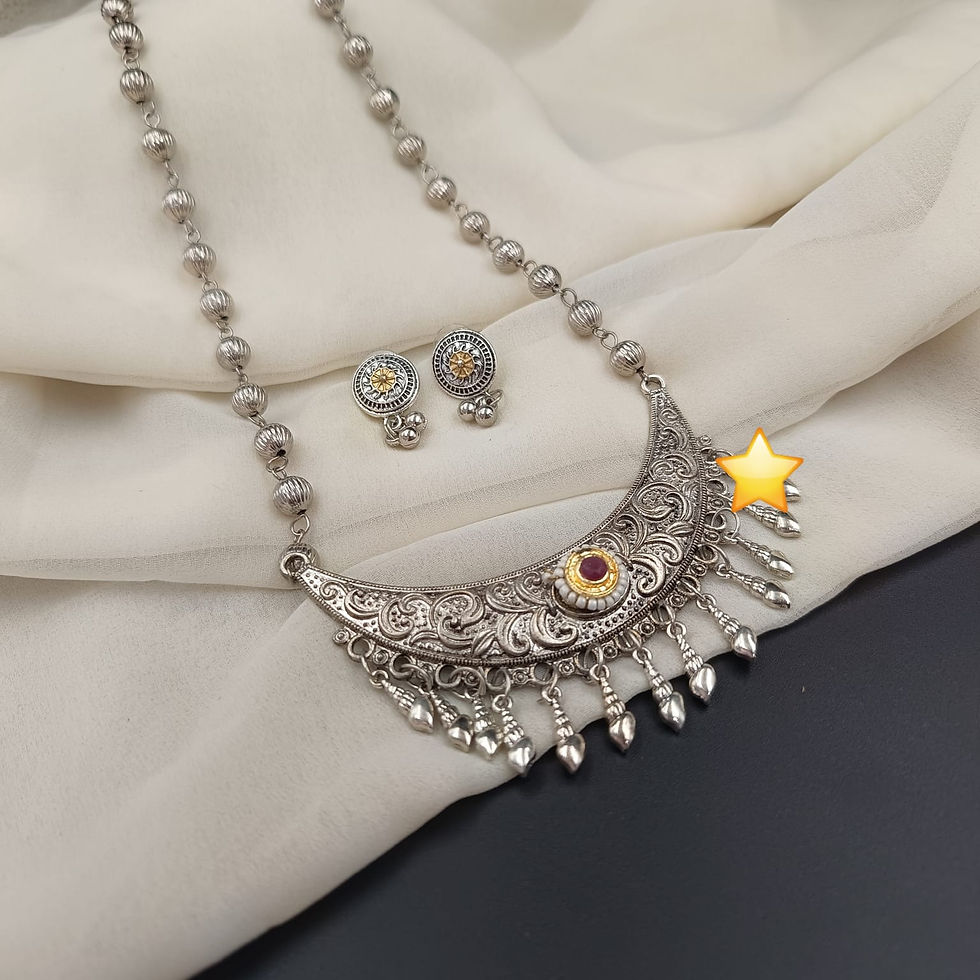 Handcrafted Afghani style necklace set featuring an ornate oxidized center pendant and matching drop earrings.