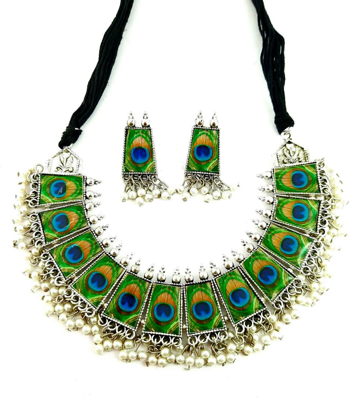 Oxidized Photo Meena Work Peacock Choker Necklace with Matching Earring