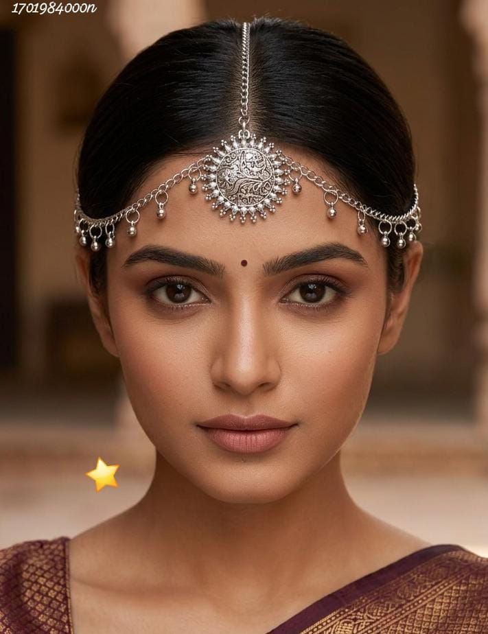 Round oxidized silver matha patti for women festive jewellery