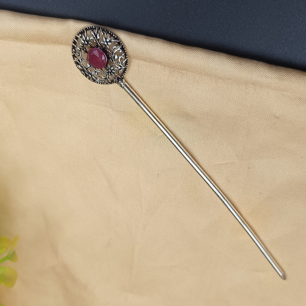 Thumbnail: Oxidised silver filigree hairpin with cabochon stone centre, antique finish ethnic hair accessory for bun and updo