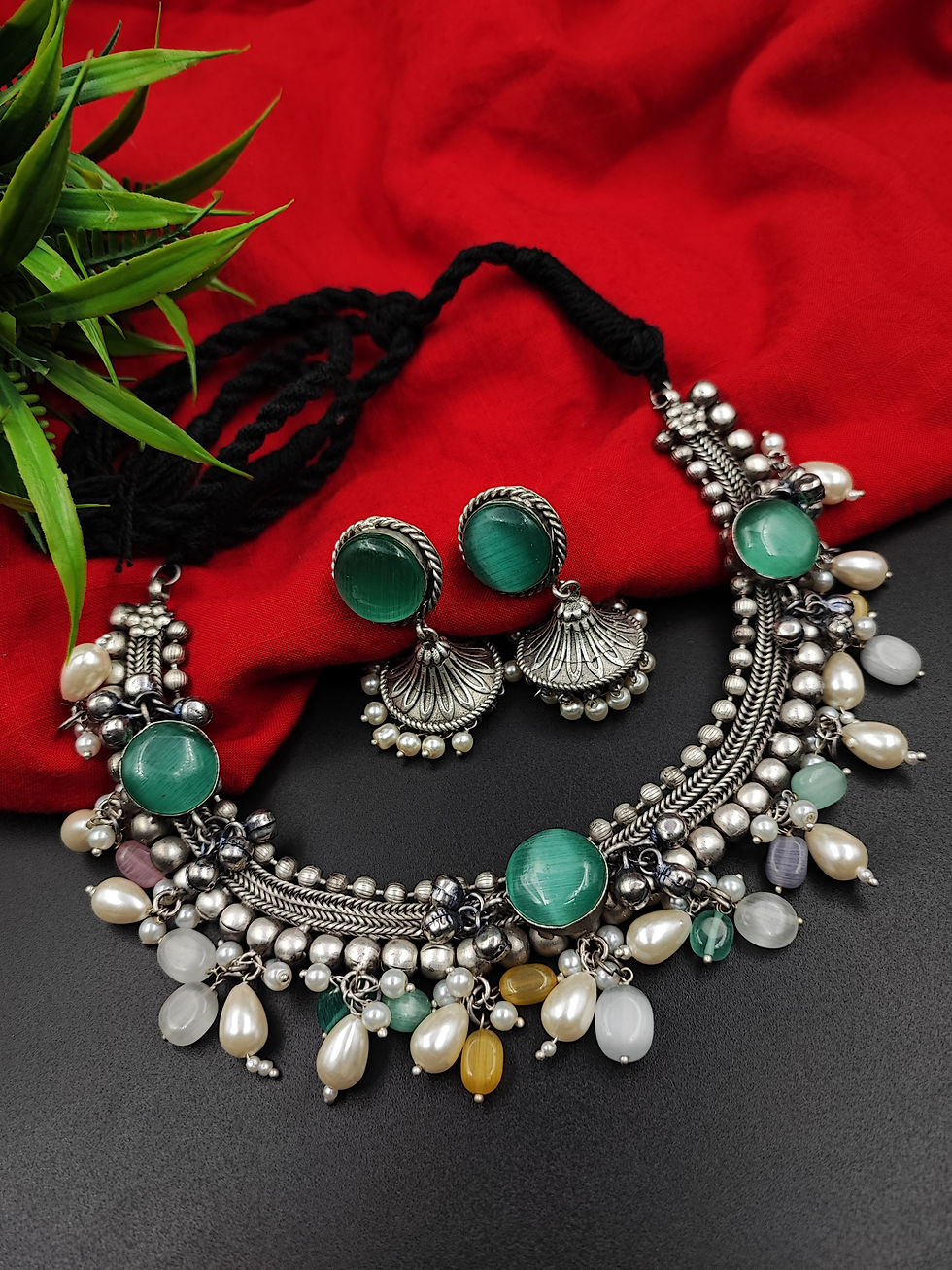 Thumbnail: Silver lookalike monalisa stone statement choker necklace earrings set