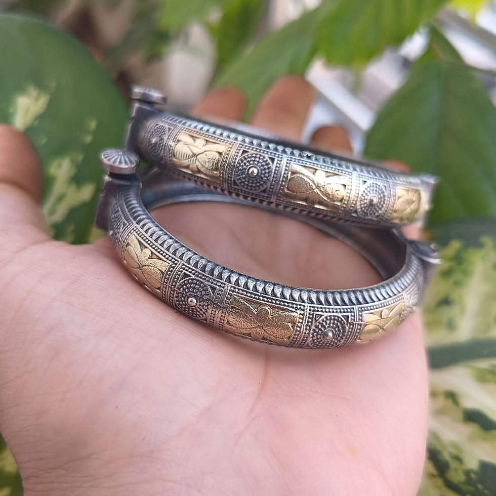 Antique Silver Look Two-Tone Screw-Open Kada Bangles with Floral Panel Design