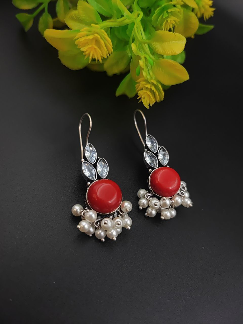 Thumbnail: Silver Lookalike Replica Monalisa Ad Stone Hoop Earrings