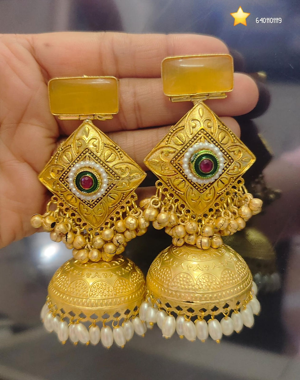 Gold replica Monalisa Stone jhumka earrings Price 320/-