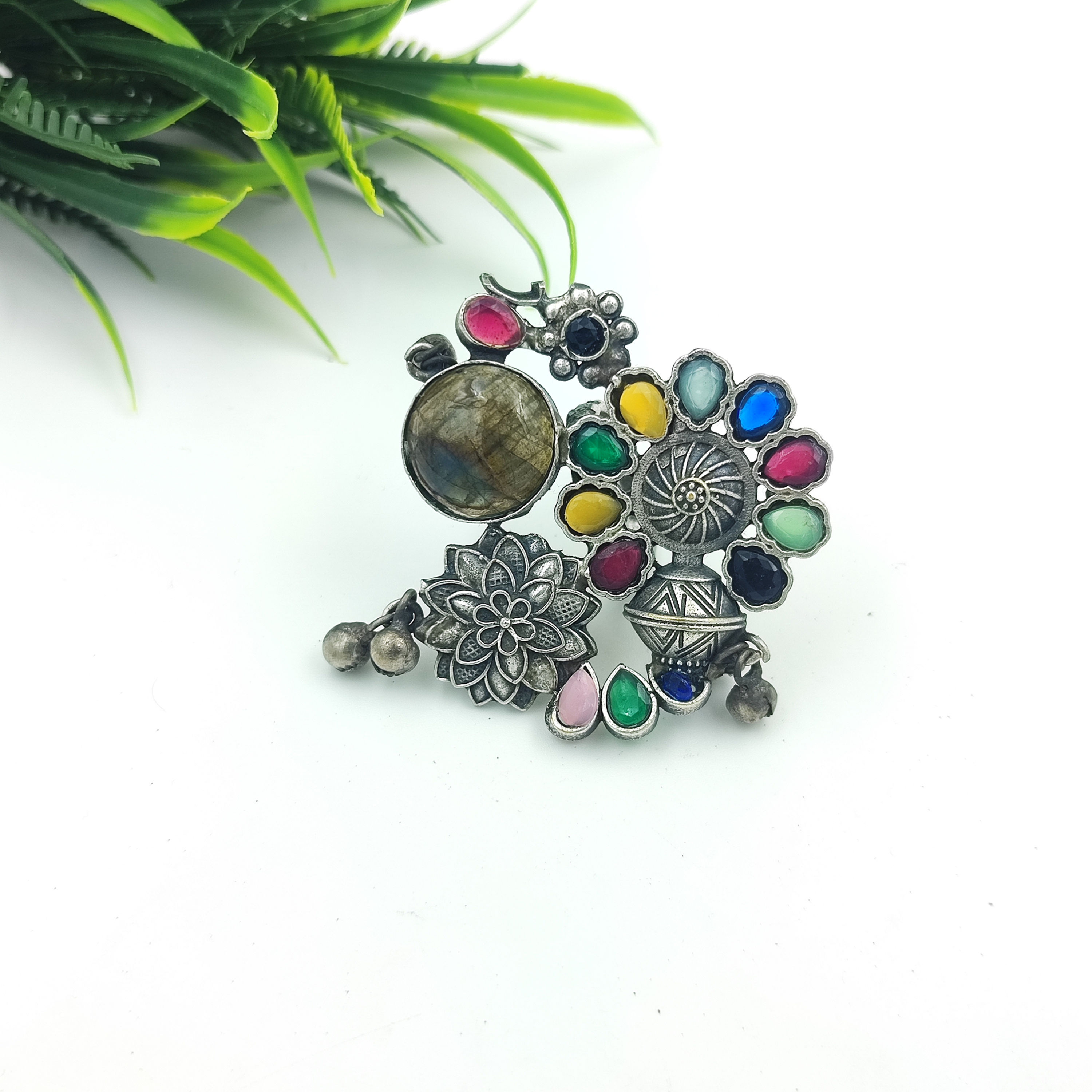 Oxidized Ethnic Silver Adjustable Fusion Gemstone Ring