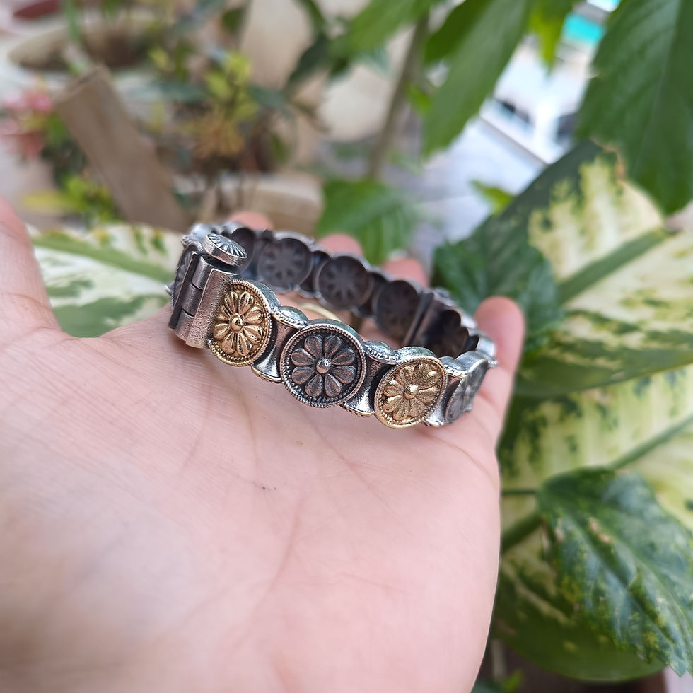 Thumbnail: Silver Look Two Tone Floral Kada Bangles – Openable Ethnic Bangles for Festive Wear