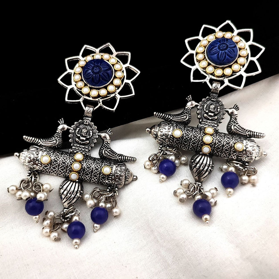 Thumbnail: Traditional Antique Oxidised Silver Plating Stone Long Earring