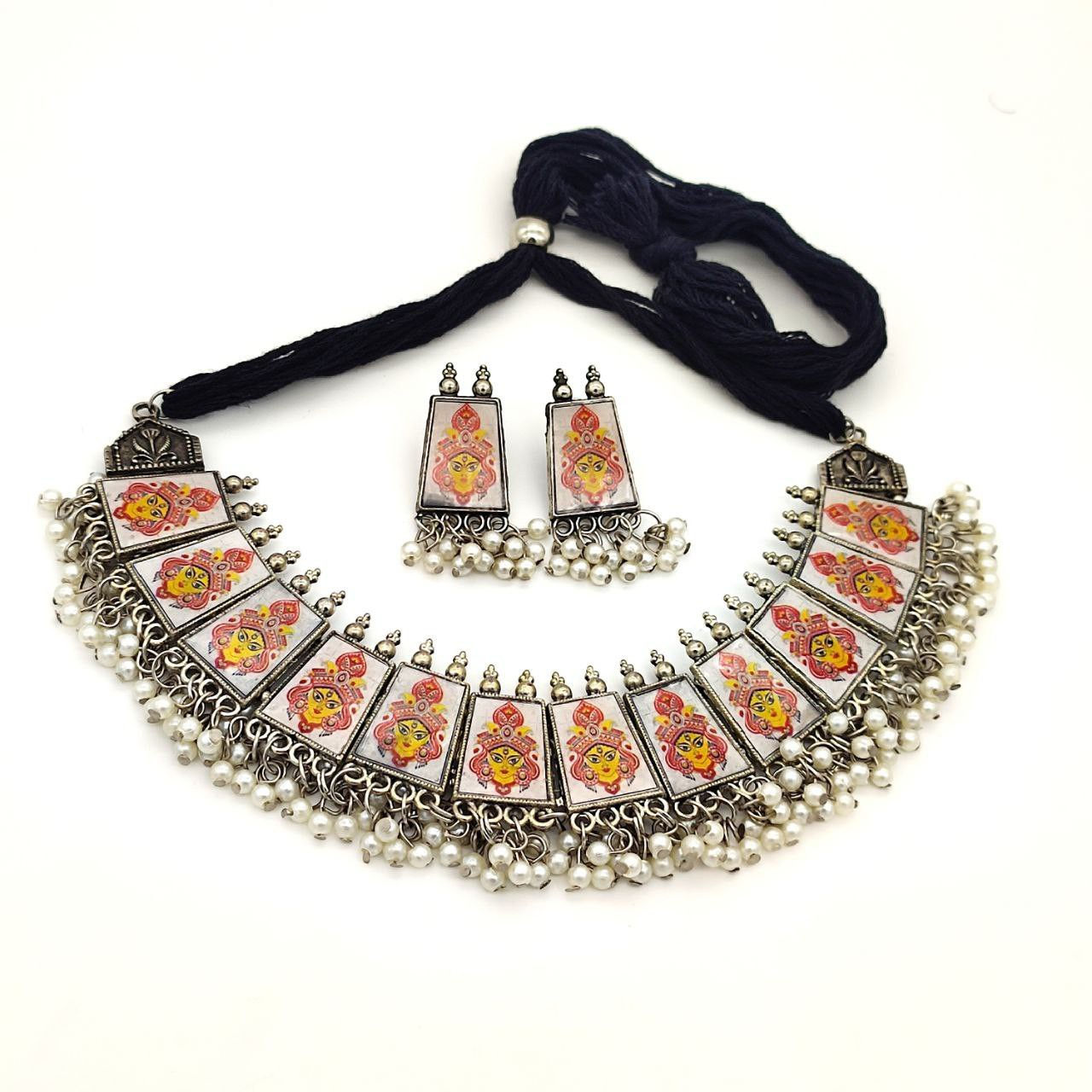 Oxidized Photo Meena Work Choker Necklace with Matching Earring