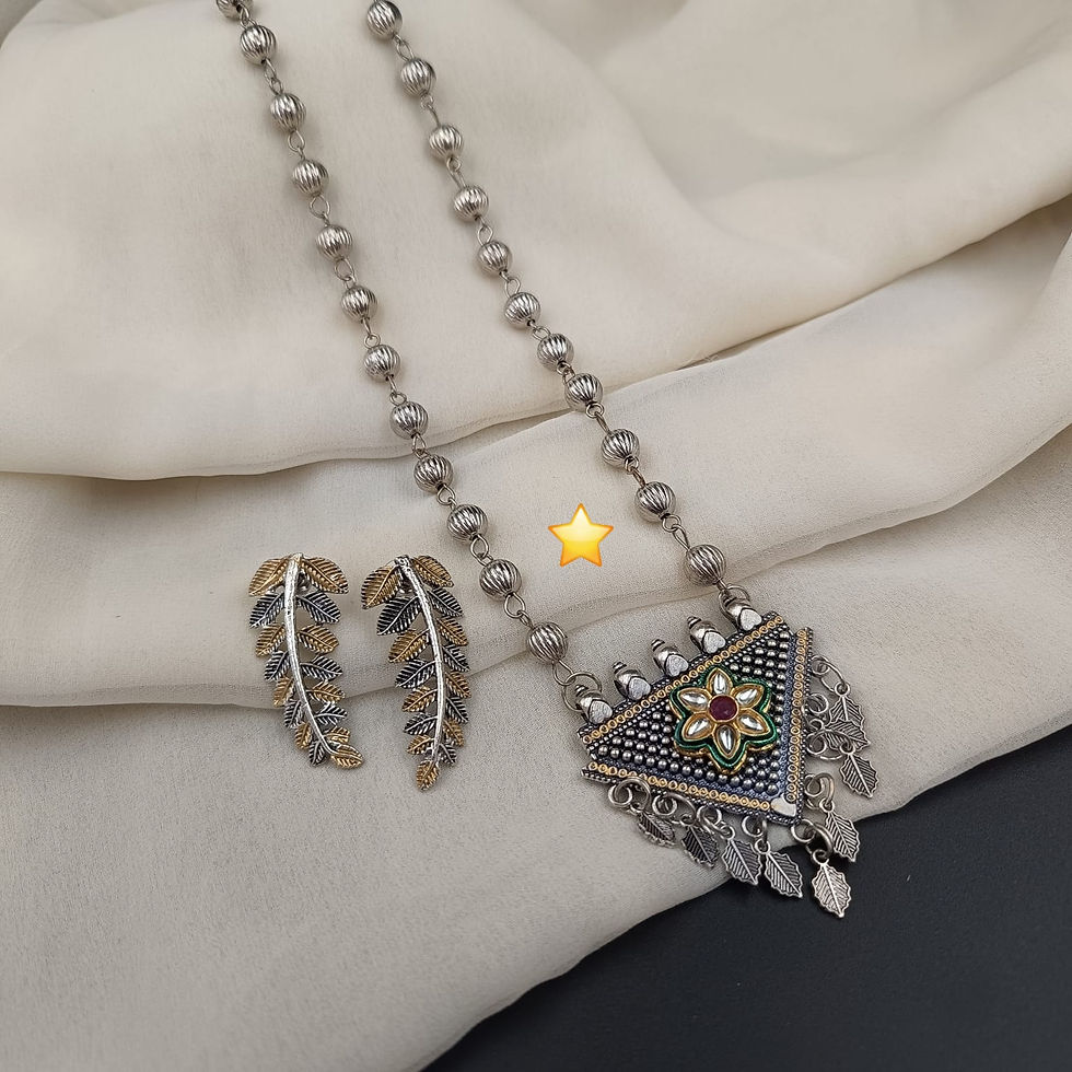 Handcrafted ethnic bohemian jewelry set with a traditional oxidized finish and matching statement earrings.